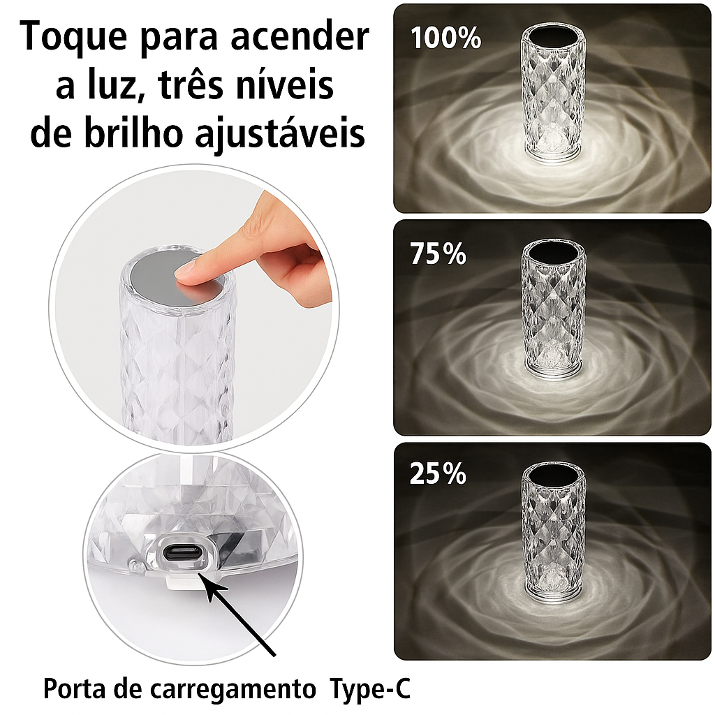 Luminária Cristal Diamante Touch 16 Cores - Luz personalizada, Luxo e Sofisticada