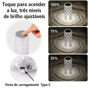 Luminária Cristal Diamante Touch 16 Cores - Luz personalizada, Luxo e Sofisticada