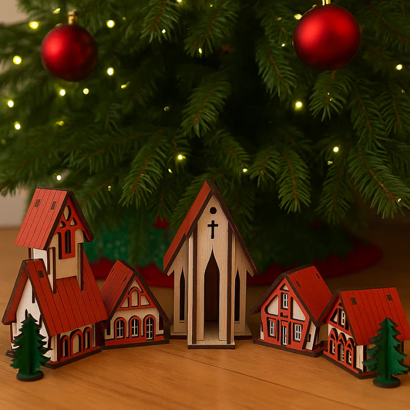 Cenário Vila de Natal 5 peças com Casas e Igreja