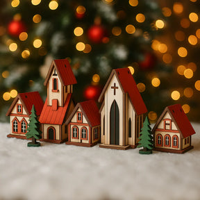 Cenário Vila de Natal 5 peças com Casas e Igreja