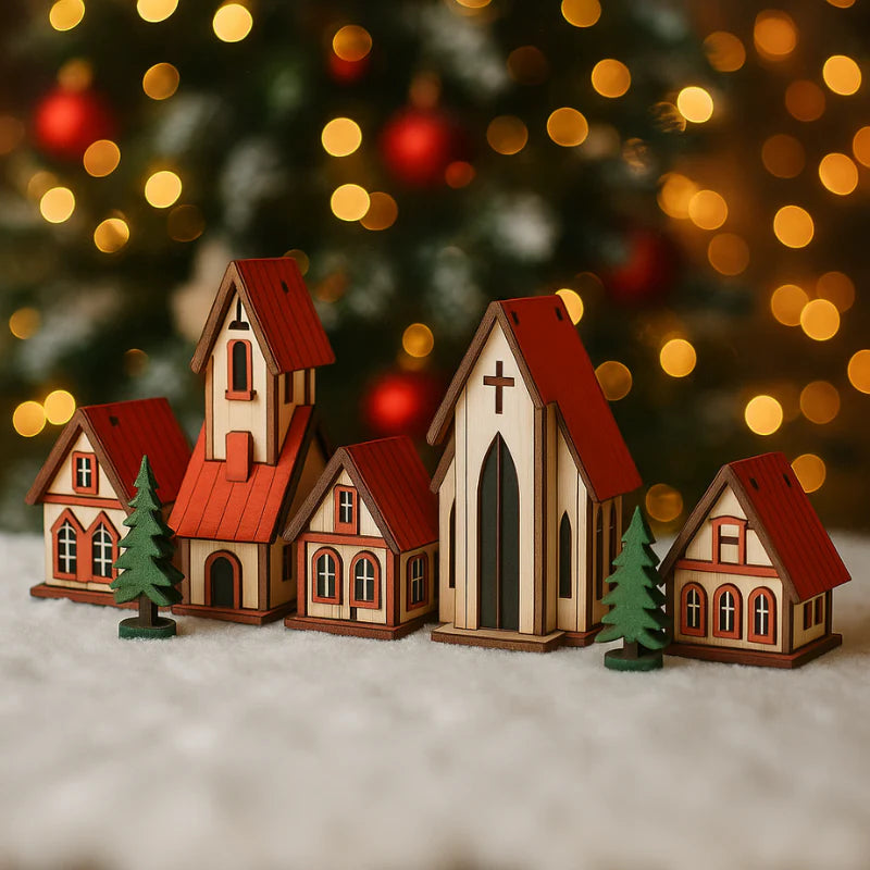 Cenário Vila de Natal 5 peças com Casas e Igreja