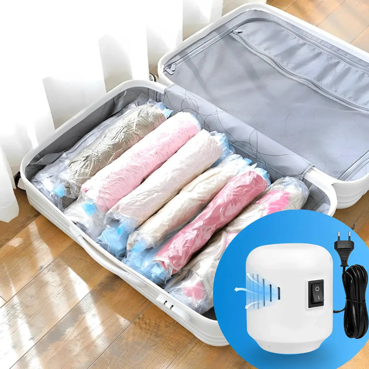 Vacuum Pro – Kit Sacos Compactador + Bomba Elétrica: Economize até 80% do espaço no armário ou na mala